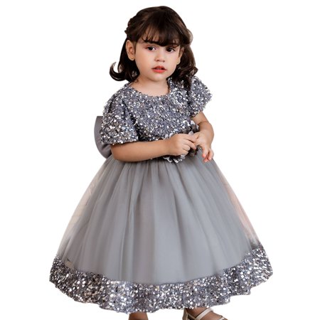 

KAWELL Elegant Flower Girl Dress Sequins Baby 1st Birthday Party Wedding Dress