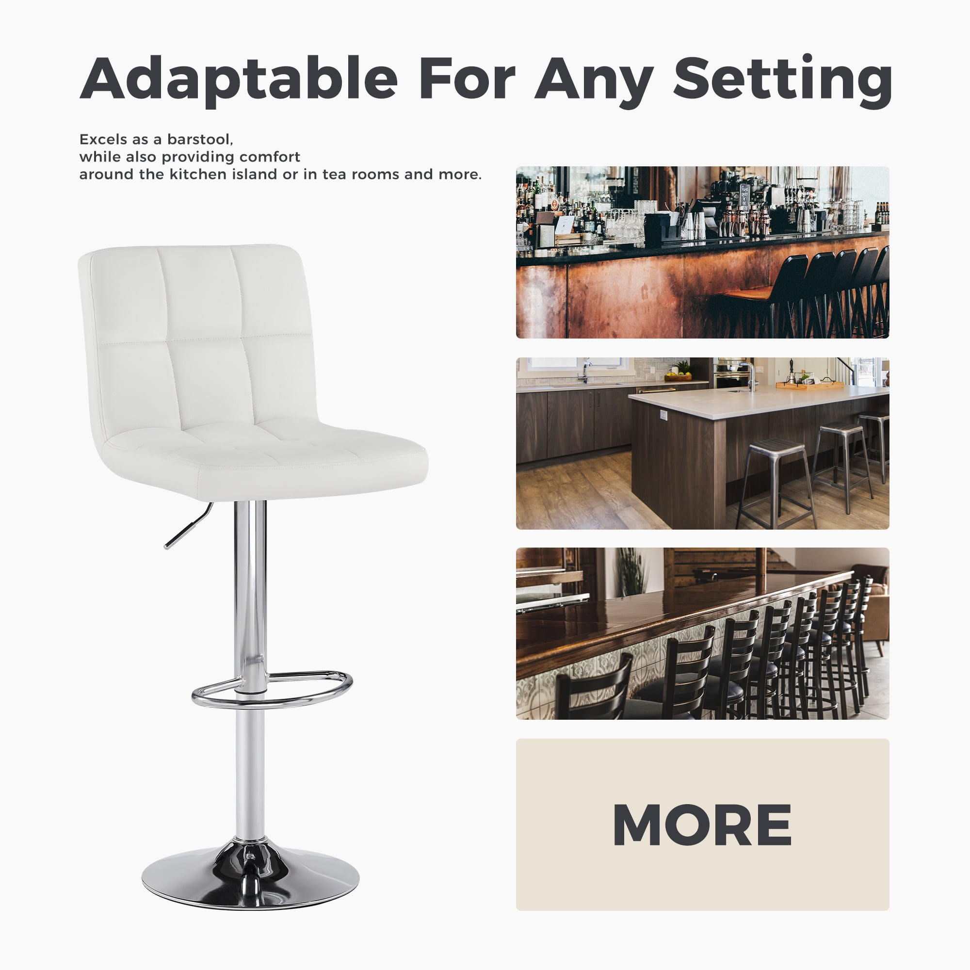 CONCETTA Set of 2 White Swivel Bar Stools, Adjustable PU Leather with Back & Footrest