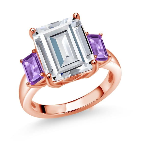 Gem Stone King 18K Rose Gold Plated Silver Purple Amethyst Ring Set with Moissanite (8.42 Cttw) (Size 8)