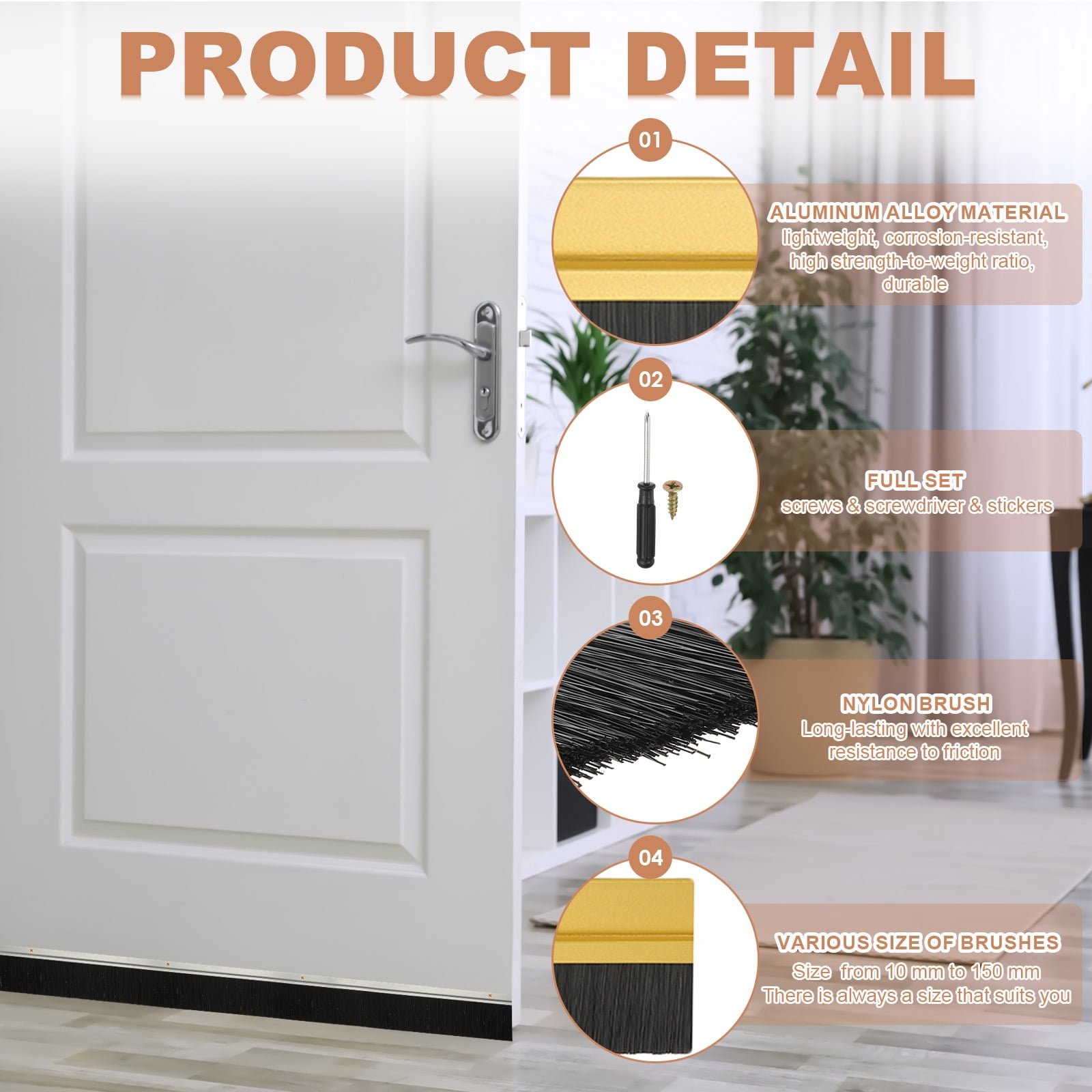 Uxcell Door Brush Sweeps H-shape Aluminum Alloy Holder Door Sweep for Bottom of Door Seal Garage Gold 3.54" x 39.37"