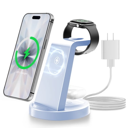 Wireless Charger, 3 in 1 Charging Station for iPhone 17 16 15 14 13 12 11 8 , 18W Charger Stand for Airpods 4 3 2 Pro, for Apple Watch 11 10 9 8 7 6 5 4 3 2 SE Ultra Series, Blue