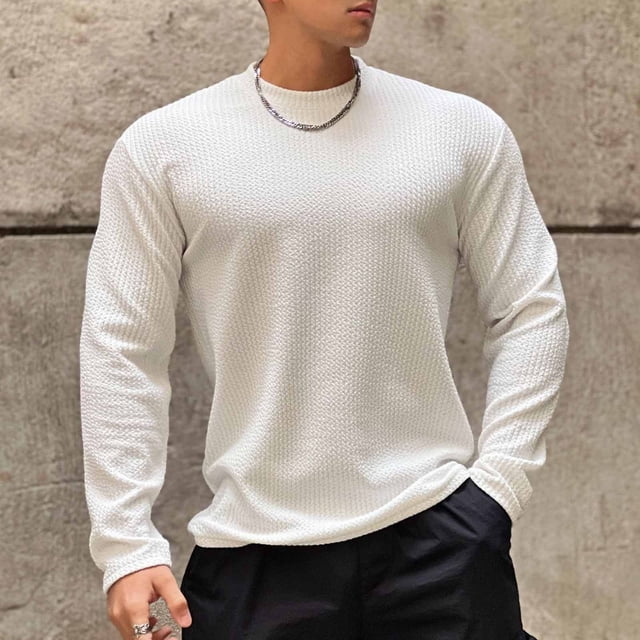 Men Fashion Solid Color Fall Style Cultivate Oneself Pullover Long Sleeved Round Neck Base Coat Top