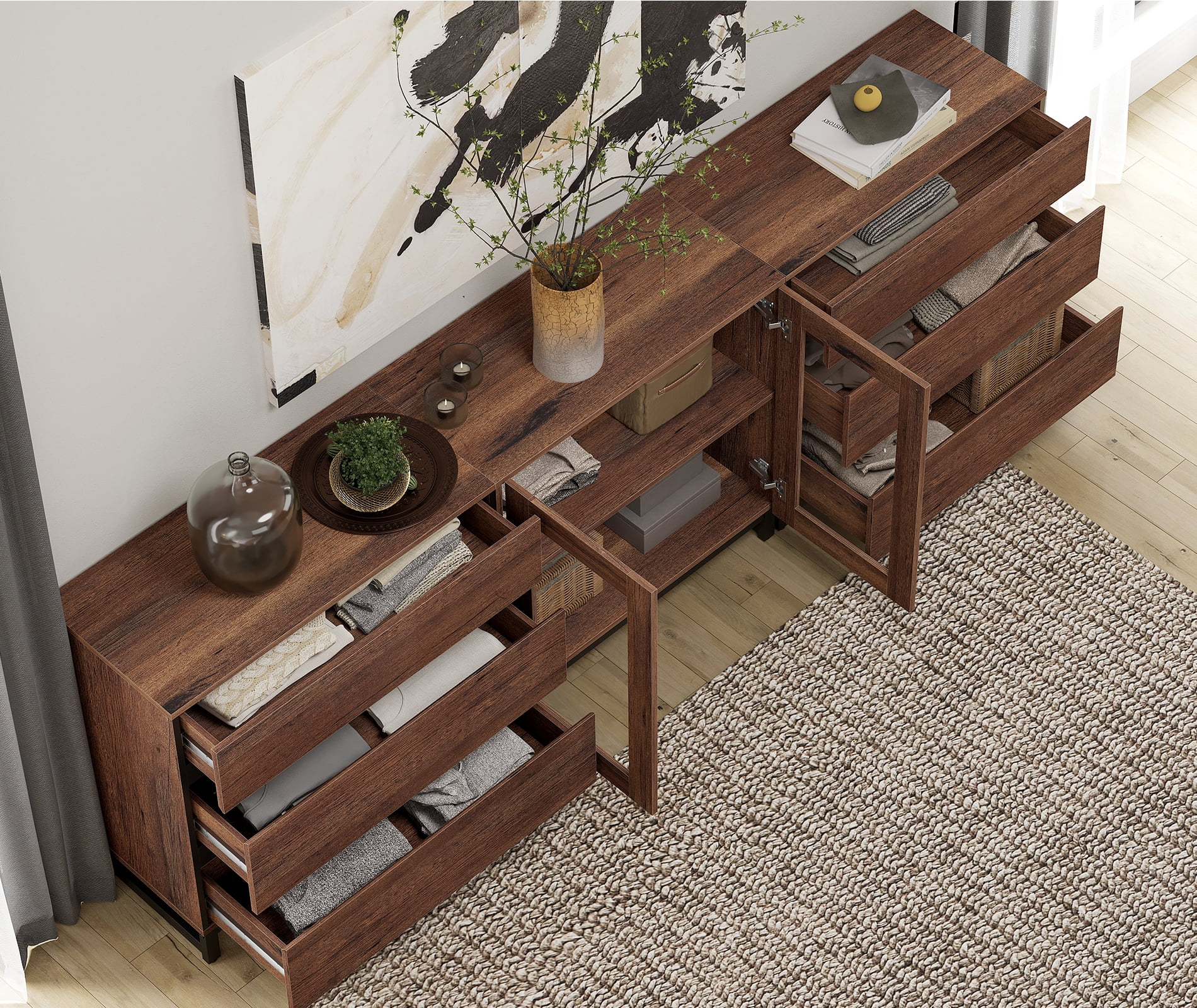 3 In 1 Multifunctional Dresser with Glass Doors & 6 Drawers, Modern Chest of Drawers with Adjustable Shelf and Metal Base, Household Storage Cabinet for Bedroom,Brown