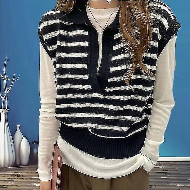 Women's Sweater Vest Jumper Knit Knitted Striped Shirt Collar Stylish Casual Holiday Going Out Fall Winter Black Beige One-size / Sleeveless / Regular