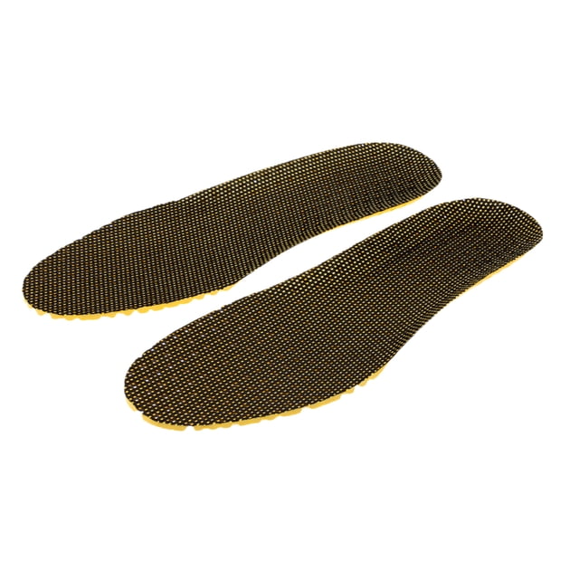 eva plantillas deportivas antimicrobianas transpirables de longitud plantillas antifatiga almohadillas de absorción de atención de la l par de plantillas deportivas de EVA en vista 3/4, silueta plana en marrón con superficie de malla negra y borde amarillo; plantilla de cuerpo entero recortable de 29 x 9.3 cm aprox., grosor mediopié 4 mm y talón 1 cm, diseñadas para absorción de golpes y transpirabilidad, aptas para calzado deportivo EU 40-44. A menudo usadas como soporte acolchado dentro de zapatillas para actividad diaria.