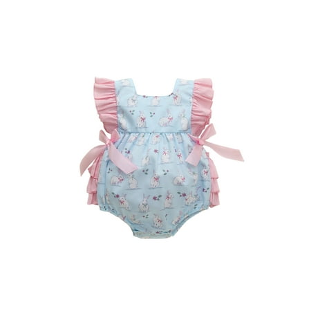

BrilliantMe Easter Outfits Newborn Ruffled Bodysuit Baby Girls Rabbit Print Fly Sleeve Square Collar Romper 18-24 Months