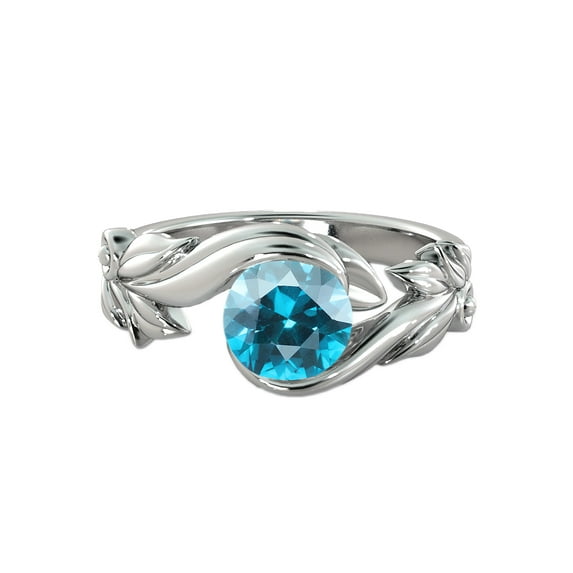 Blue Topaz 1 CT Ring 14K White Gold Flower Leaves Leaf