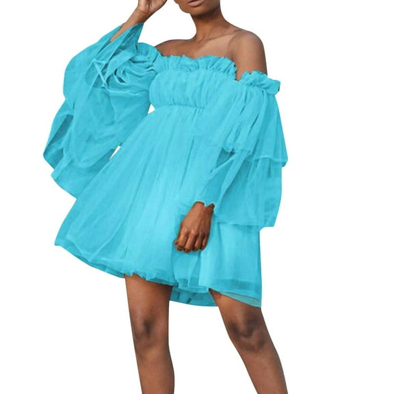 Off Shoulder Ruffle Mesh Ladies Fashion Dress High Waist Loose Flowy Summer Casual Wedding Maternity Comfortable Elegant