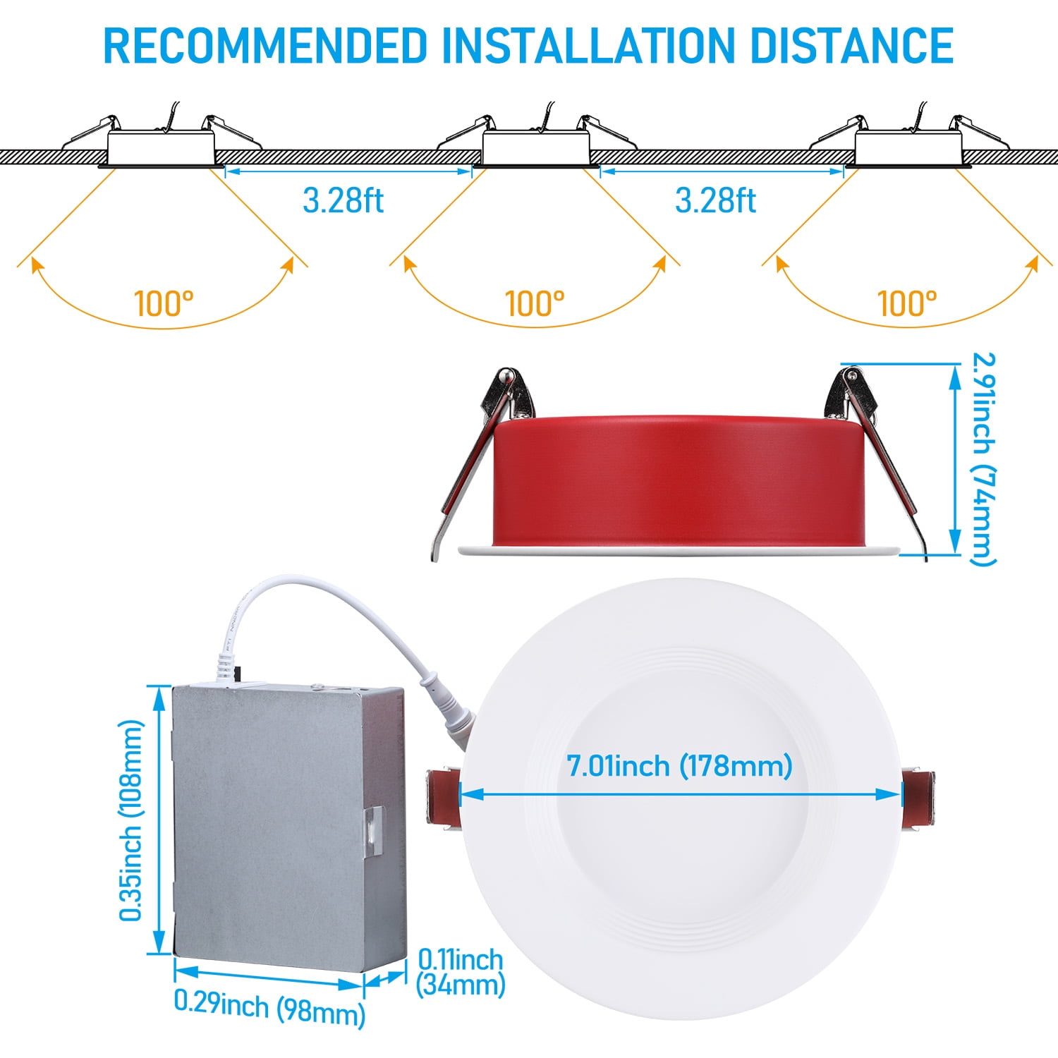 2 Pack 6" 5CCT Fire Rated LED Recessed Lights, Deep Baffle Recessed Lighting With J-Box, 15W, 1100lm, CRI90, Dimmable Ceiling Downlight, ETL & ES & T24