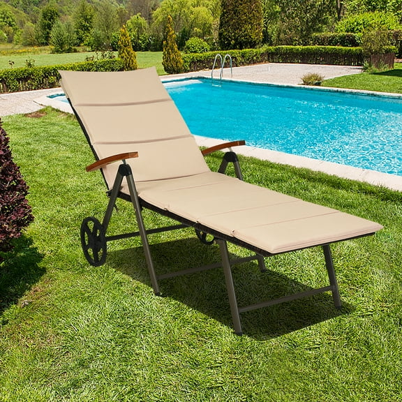 COSTWAY Folding Outdoor Pool Chaise Lounge Chair Aluminum Rattan Lounger Recliner Chair W/Wheels