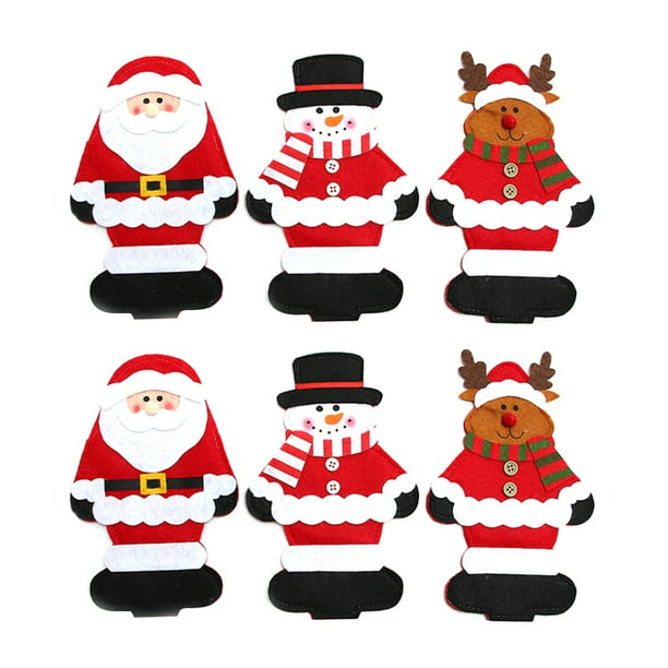 6pcs Cortador de Navidad y bolsa de tenedor Papá Noel Muñeco de nieve Elk Cubiertos de cocina Vajilla Titulares Bolsillos Decoraciones de mesa navideñas