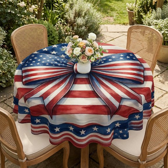 Patriotic Bow American Flag 2D Print Round Tablecloth, 35/49/60/71 Inch, 4th of July Stripe Star Cover for Kitchen Dining Parties, Memorial Day Independence Day Gift