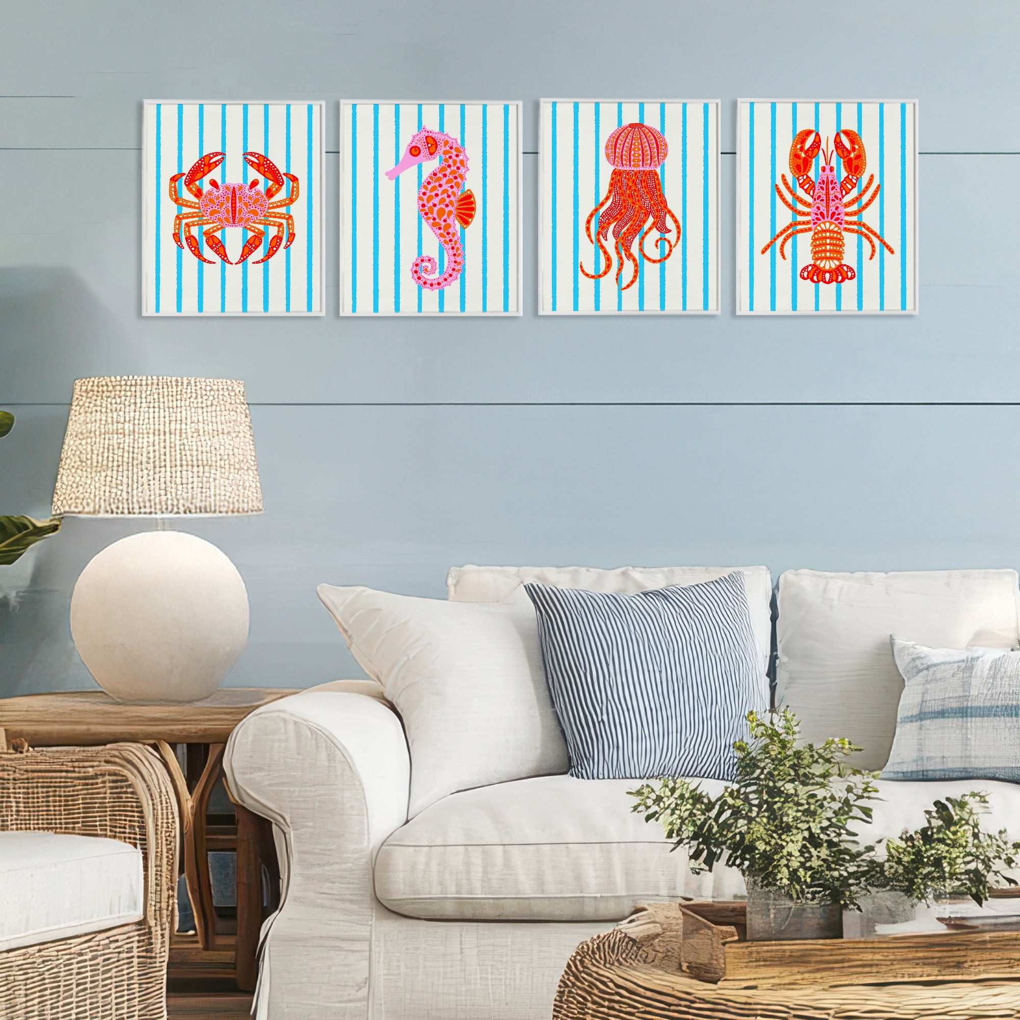 Stupell Industries Bright Sea Creatures on Stripes 4 Piece White Framed Giclee Art Set, design by Indira Prieto | IndySign