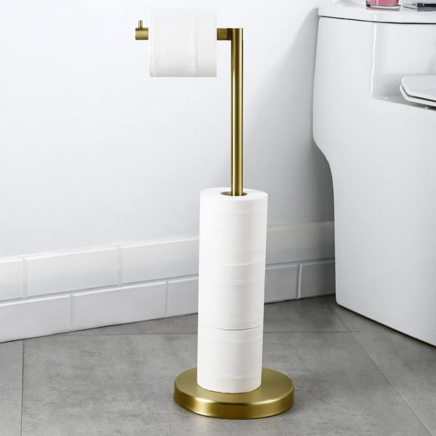 Portarrollos de papel higiénico para baño, base vertical a prueba de herrumbre de acero inoxidable, portarrollos de papel higiénico, soporte de piso moderno (oro cepillado)