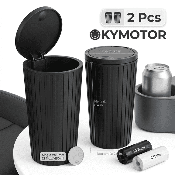 OKYMOTOR 2Pcs Car Trash Cup Holder with Lid Leak Proof ABS Car Trash Can 2 Rolls Trash Bags Included, One-Hand Operation for Car Home & Office