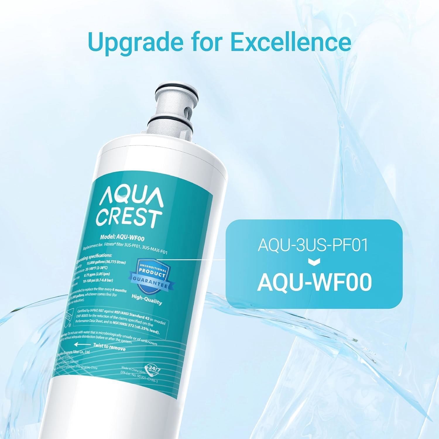 AQUA CREST 3US-PF01 Under Sink Water Filter, Replacement for Advanced Filtrete® 3US-PF01, 3US-MAX-F01H, 3US-PF01H, Delta RP78702, Manitowoc K-00337, K-00338, HF20 HF25 HF27