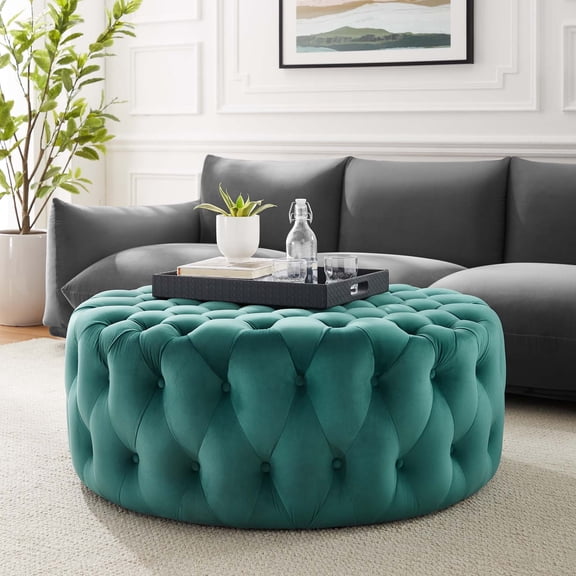 Modway Amour Tufted Button Large Round Performance Velvet Ottoman in Teal