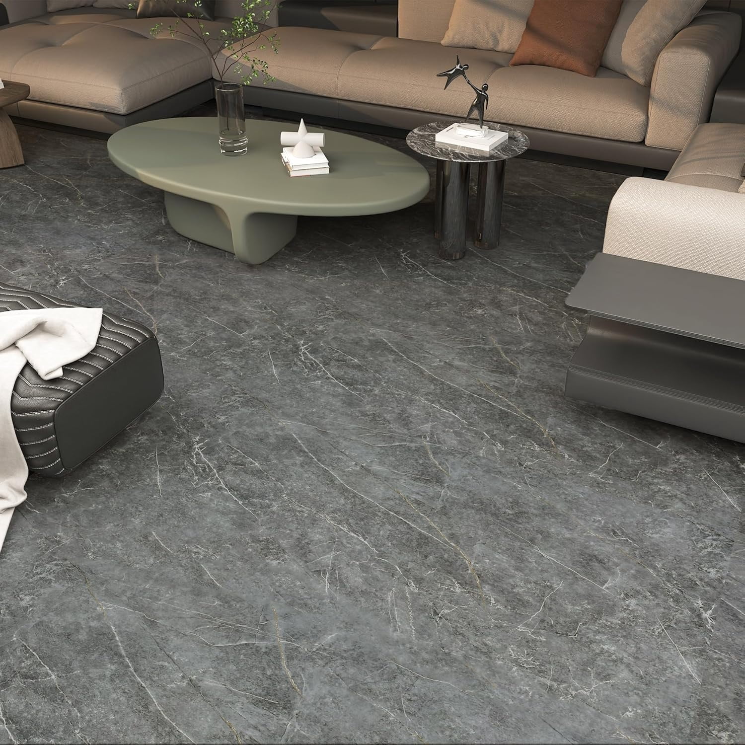 24"x591" Marble Peel and Stick Flooring Roll Vinyl Floor Tiles Waterproof Stick on Flooring Matte PVC Floor Contact Paper for Floors Dark Grey Vinyl Laminate Flooring for Kitchen Bathroom