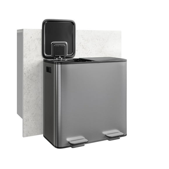 EastVita 2 x 10.6 Gallon Stainless Steel Double Trash Can with Lid Large Dual Trash and Recycle Bin Combo,Step-on Kitchen Metal Garbage Cans,PP Inner Buckets,Liner Rim,Matte Gray