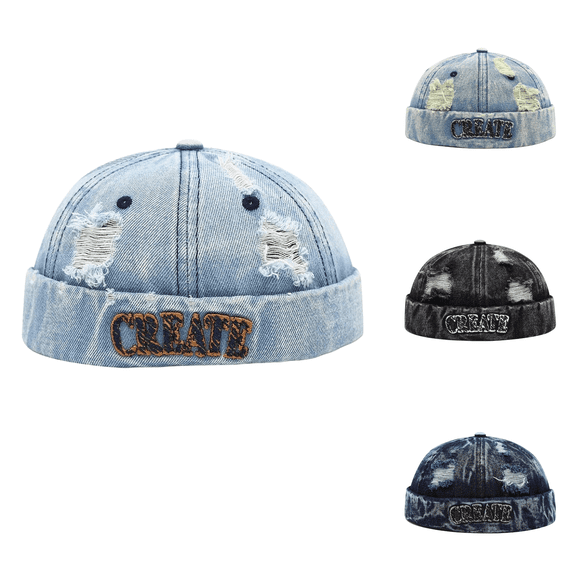 Distressed Ripped Denim Cap With CREATE Embroidery Brimless Roll-Cuff Streetwear Beanie Unisex