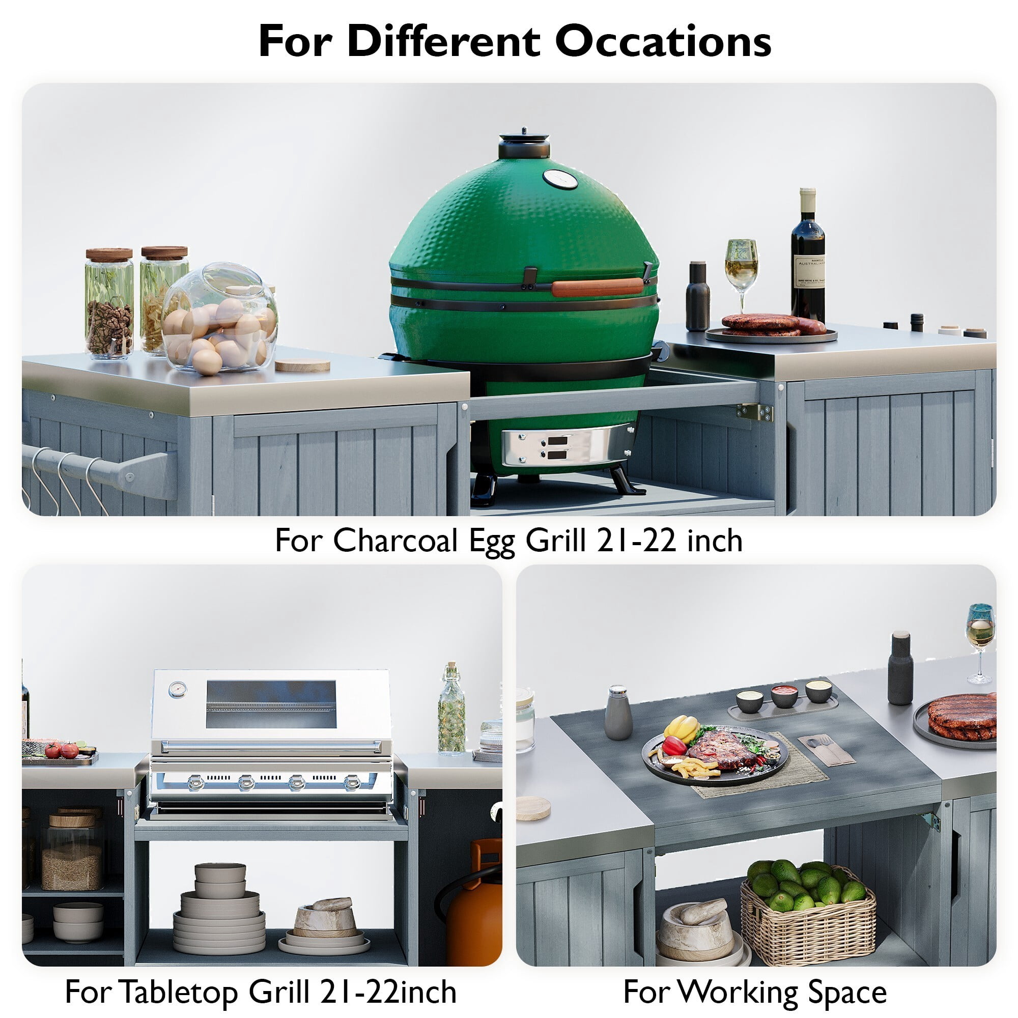 AENKYO 66.5" Outdoor Kitchen Island for Big Green Egg, Solid Wood Grill Cart with Stainless Steel Top, Gray Blue