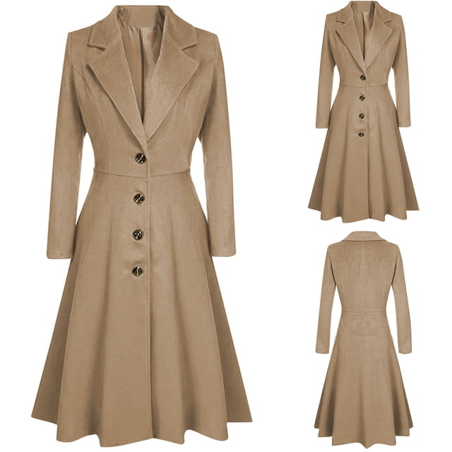 Womens Winter Lapel Button Long Trench Coat Jacket Ladies Overcoat Outwear