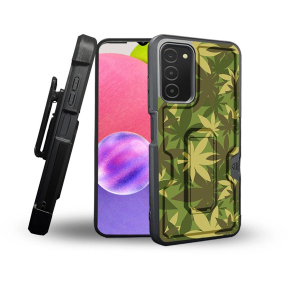 ANJ  Rugged Shockproof Holster Case Card Slot Kickstand   Tempered Glass Cover for Samsung Galaxy A03s - Green Leaves Camo