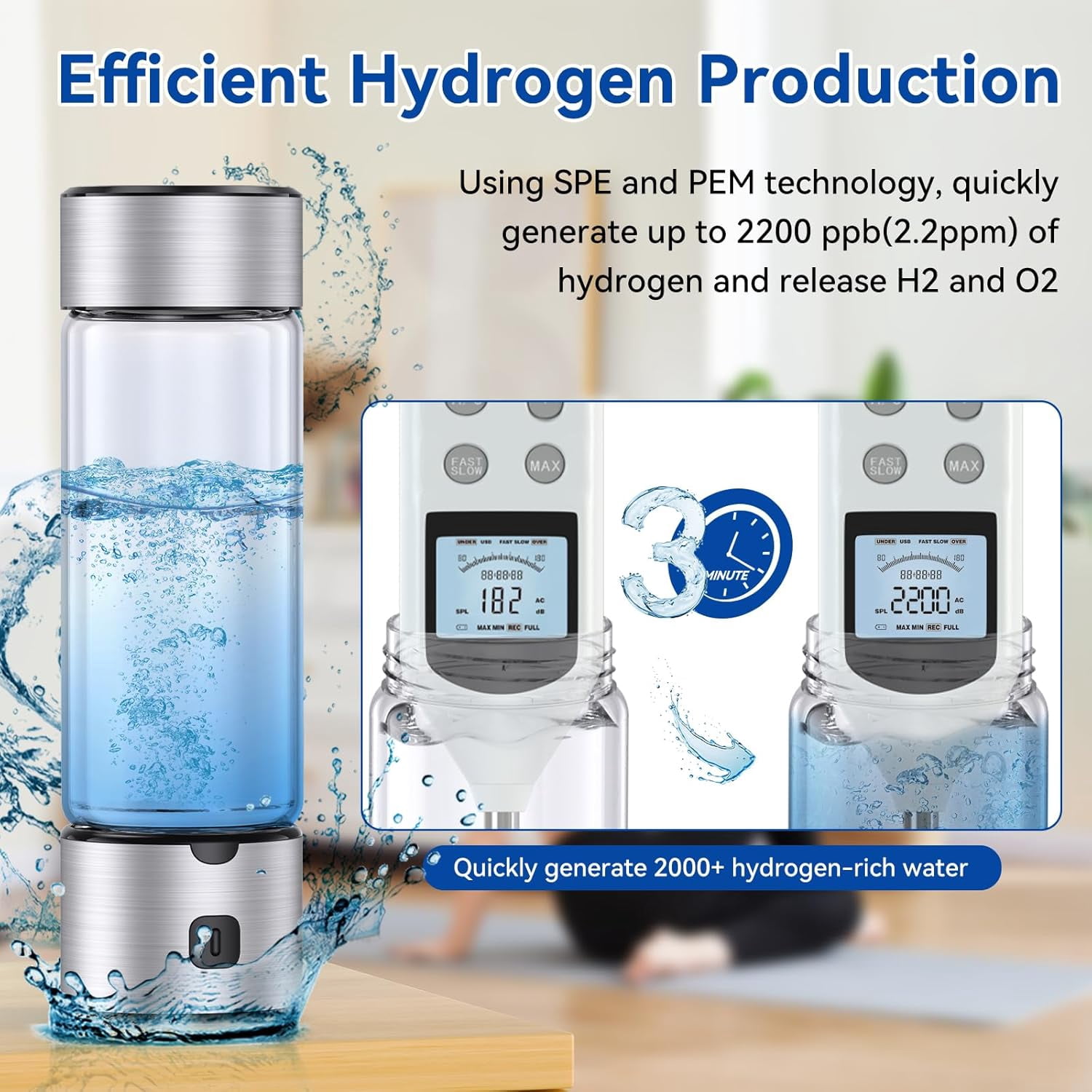 LC-dolida Hydrogen Water Bottle, 460ml Portable SPE/PEM Tech Hydrogen Water Machine with LED Light, 1800PPB Hydrogen Concentration for Home Office Gym Travel (Silver)