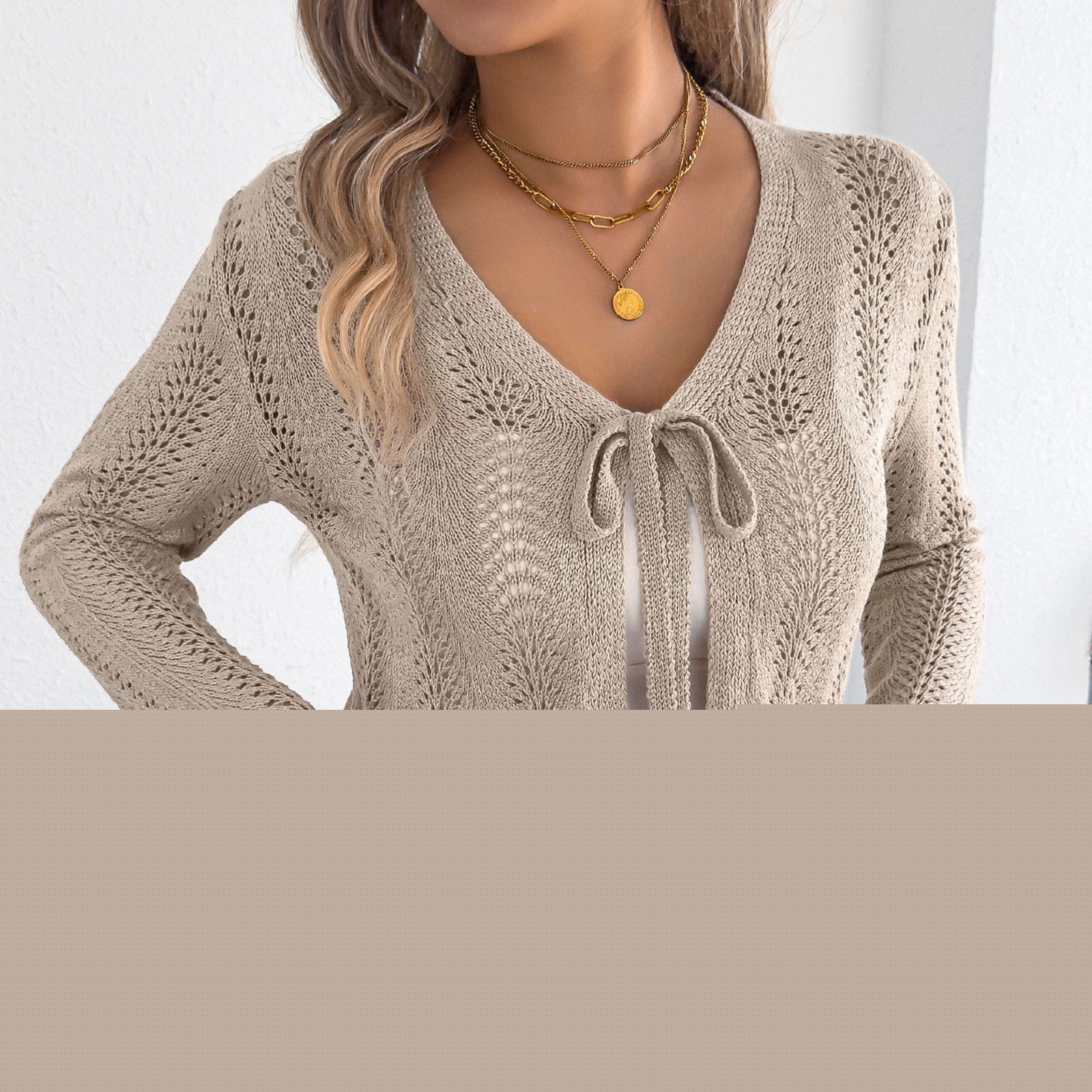 thumbnail image 5 of successthop Womens Swimsuit Cover Up Crochet Tie Front V Neck Knitwear Long Sleeve Cardigan Solid Summer Clothes Brown S, 5 of 7