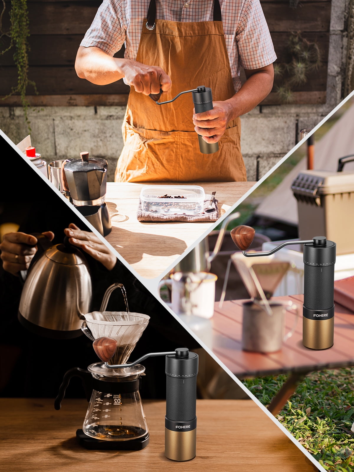 FOHERE Manual Coffee Grinder, 7-Angle Stainless Steel Conical Burrs, External Adjustment, For All Coffees