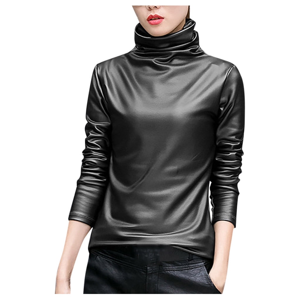 Womens Tops,Women Basic Shirts Faux Leather Solid Turtleneck Long Sleeve Blouse Tops Casual - image 2