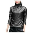 thumbnail image 2 of Fulijie Womens Tops,Women Basic Shirts Faux Leather Solid Turtleneck Long Sleeve Blouse Tops Casual, 2 of 7
