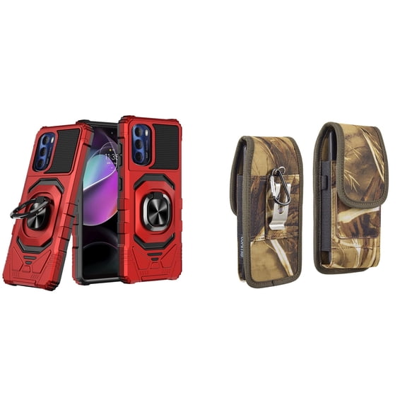 Case with Belt Holster Bundle for Moto G Stylus 5G 2022: Heavy Duty Shield Cover (Red) and Vertical Rugged Nylon Phone Pouch (Camo)