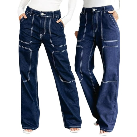 ROAD MARKINGS High Waist Wide Leg Jeans, Dark Blue Denim with Contrast Stitching, Utility Style (US, Alpha, Small, Regular, Regular, Blue)