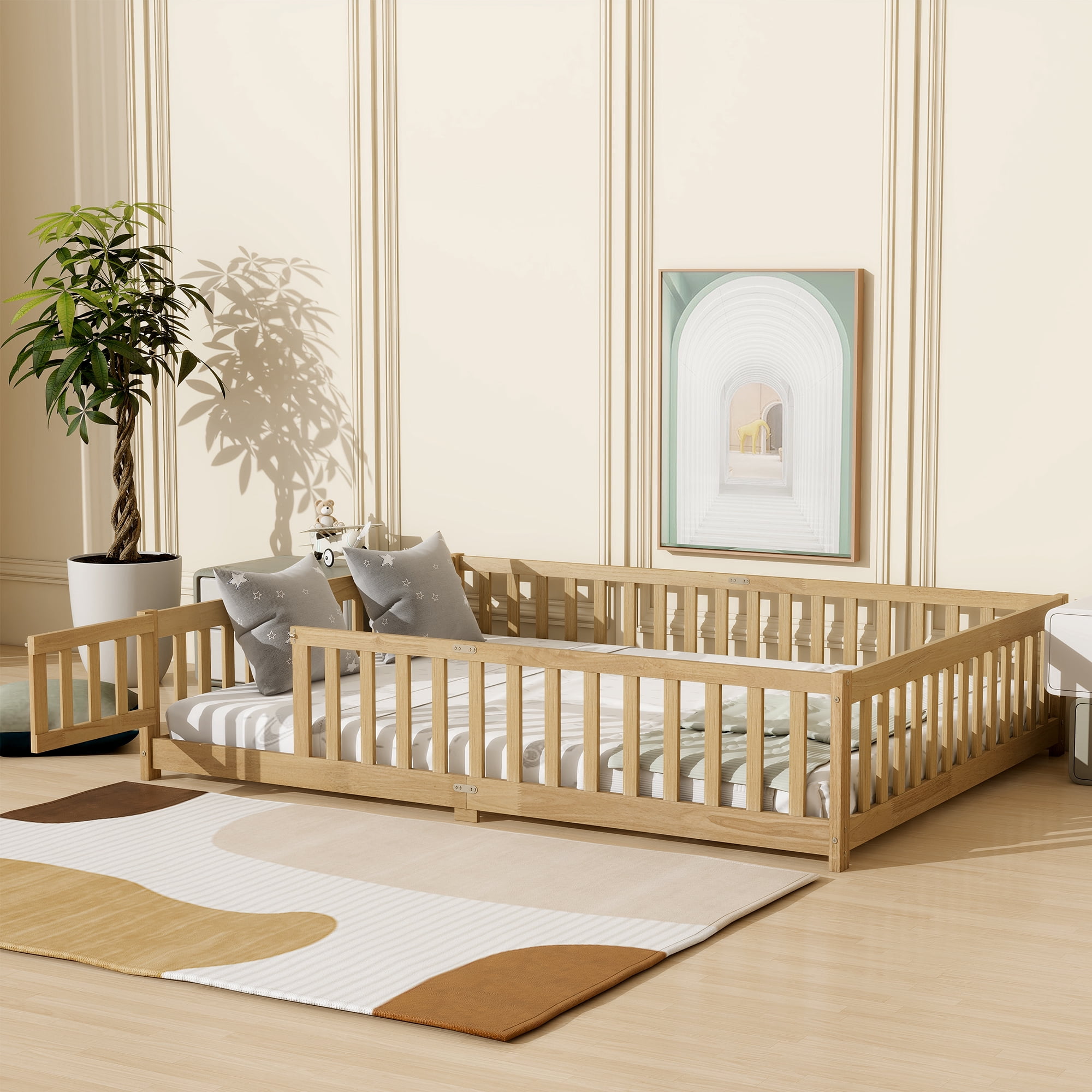 Queen Size Rubber Wood Montessori Floor Bed with Full Surround Safety Guardrails & Access Door, 7 Plywood Slats Support, No Box Spring Needed, 500LBS Capacity for Kids Bedroom