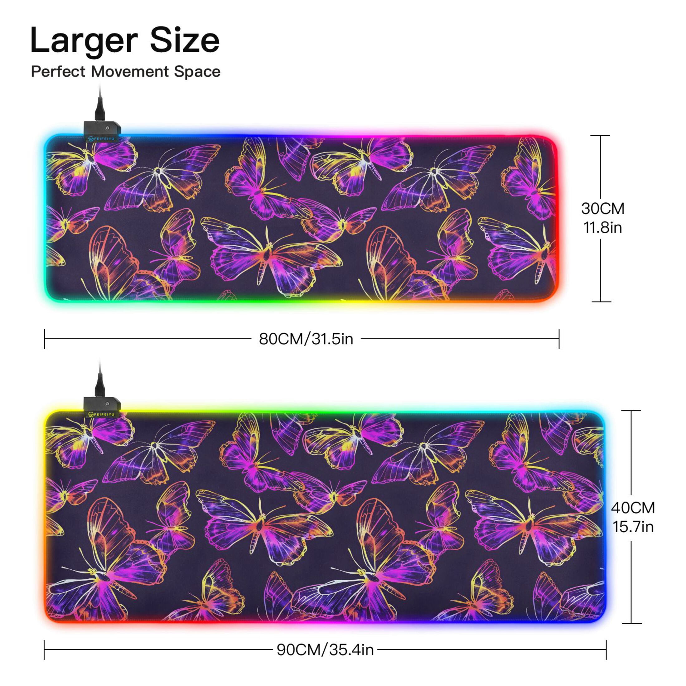 Large RGB Gaming Mouse Pad Led Glowing Mousepad Non-Slip Rubber Base 13 Light Modes 31.5x11.8 Colorful Butterflies Outline