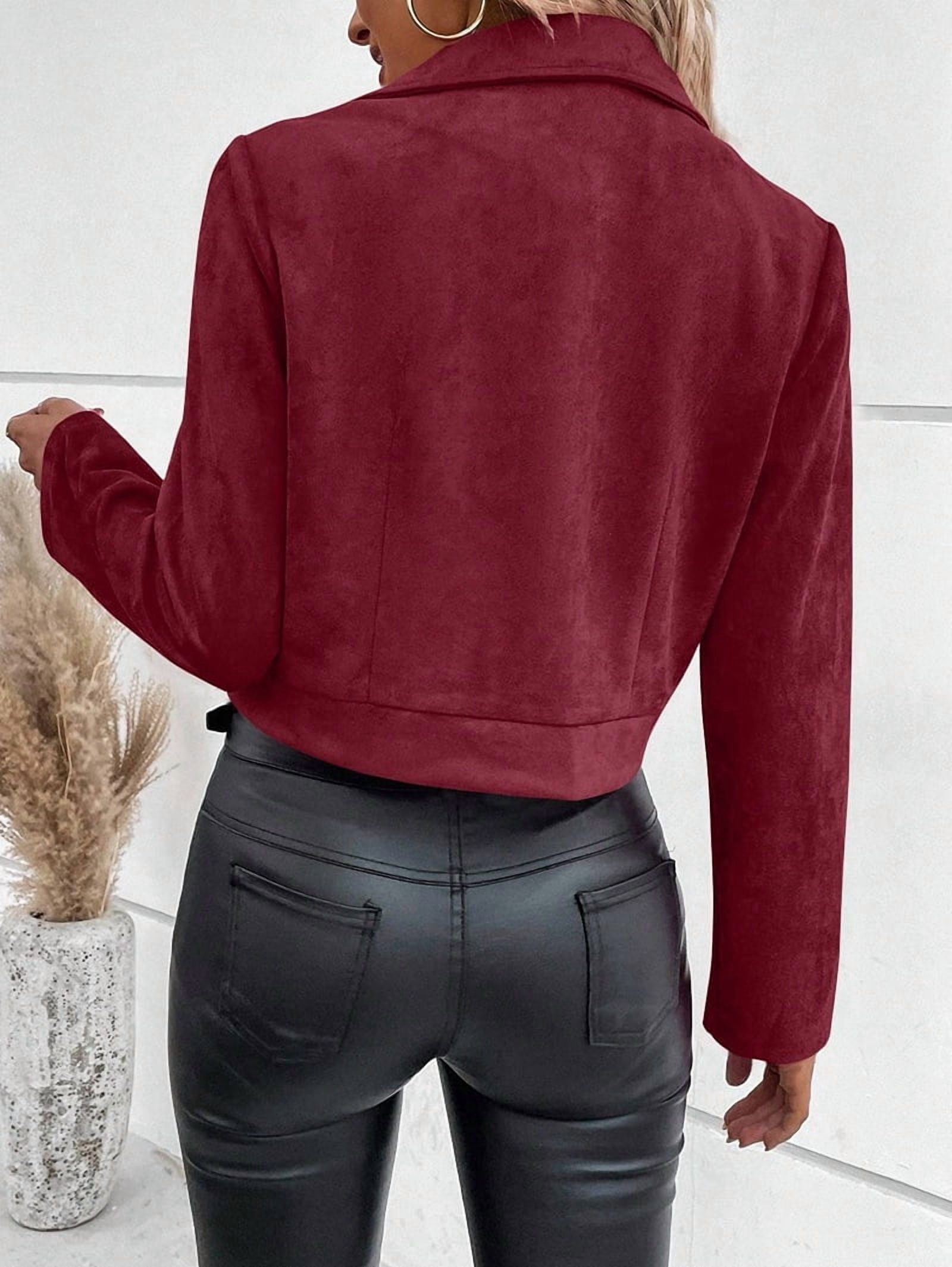 Women'S Cropped Zipper Long Sleeve Suede Faux Leather Blazer Jacket Autumn Fashion Outerwear Wine Red L