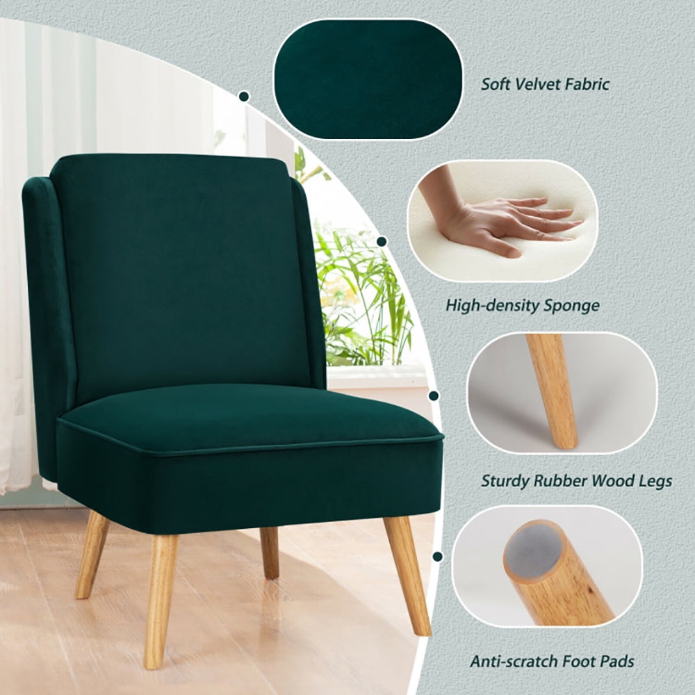 Finihen Velvet Accent Chair, Velvet Accent Armless Side Chair with Rubber Wood Legs, for Living Room, Bedroom, Green