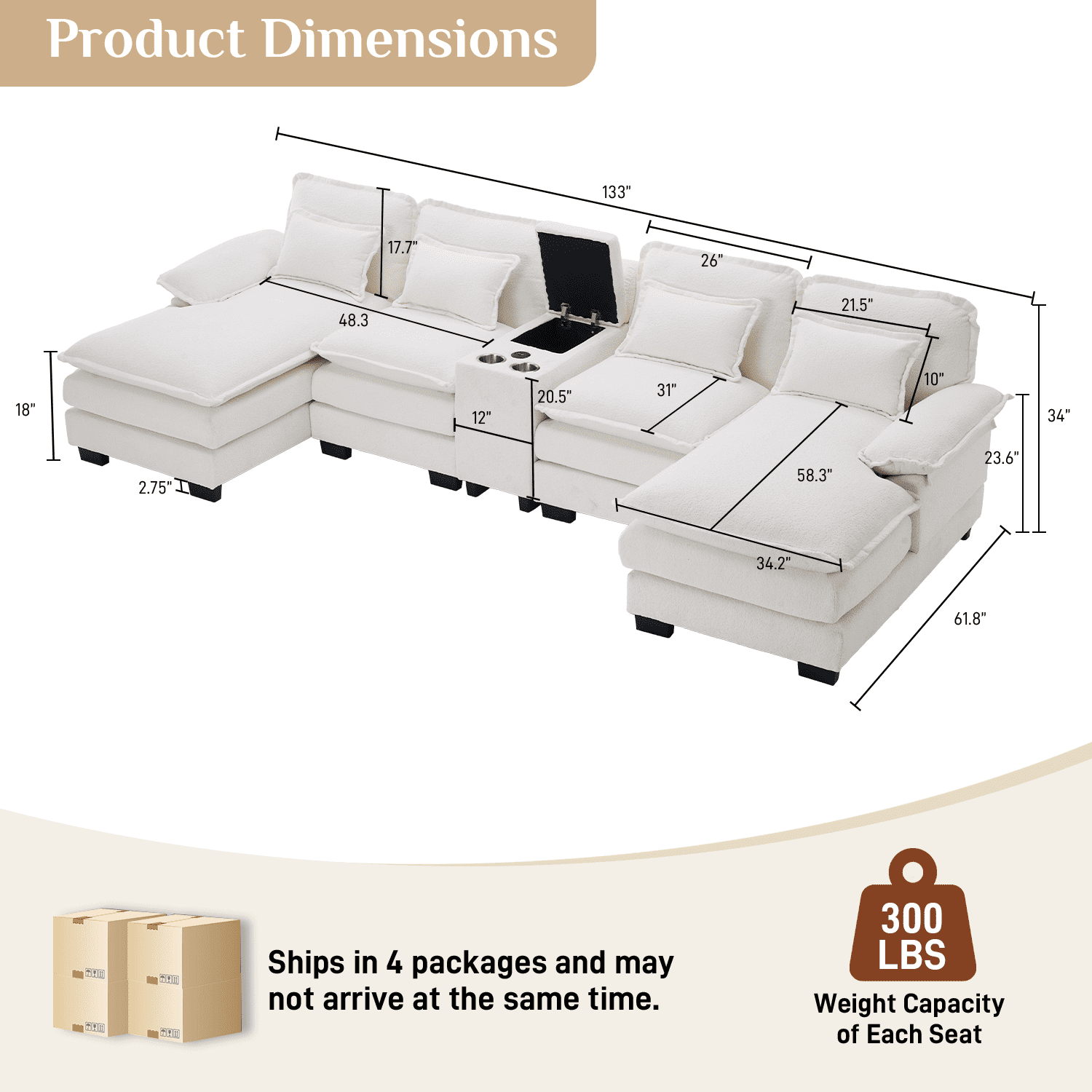 Wiilayok 133" U Shaped Cloud Couch Modular Sectional Couches for Living Room Fluffy Chenille Deep Seat Sofa Set with Double Chaise Lounge, Storage Central Console, Cup Holders, USB Port, Beige White