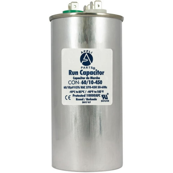 Appli Parts Dual Run Capacitor for ac 60 10 Mfd uF (microfarads) 370VAC or 450VAC CBB65 Round Universal fit for hvac and other applications 5-1/4 in High 2-1/4 in Wide CON-60/10-450