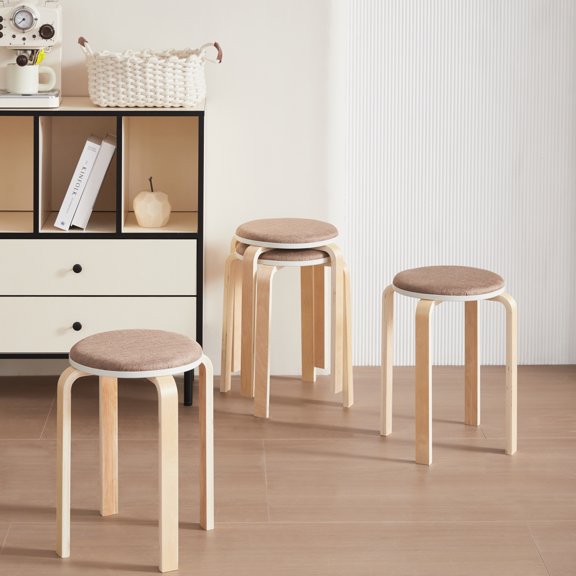 Lisonu Stackable Stools, Set of 4, 18.5" Solid Wood Round Backless Chairs for Kitchen and Dining Room, Bentwood Stacking Stools with 330lb Capacity, Coffee