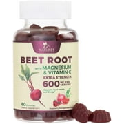 Beet Root Supplement Gummies - 500mg Per Serving with Vitamin C & Magnesium - Energy Heart Health Support, Supports Nitric Oxide Production - Gluten Free Beetroot Gummy - Berry Flavor - 60 Gummies