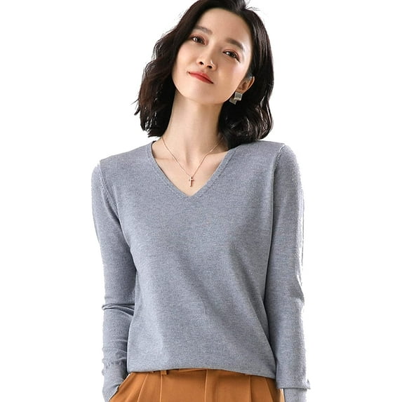 Maydear Women's V Neck Long Sleeve Sweater Pullover Knit, Stretch Fitted Knitted Bottoming Shirt