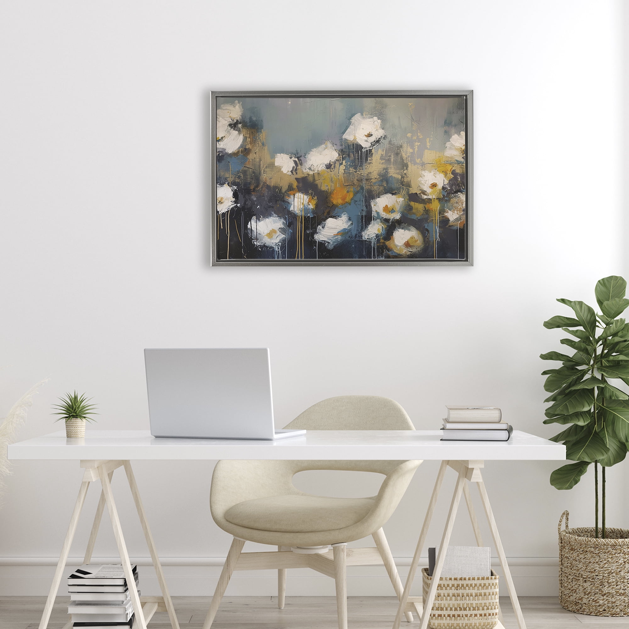 Stupell Industries Contemporary Paint Drip Blossoms Gray Framed Floater Canvas Wall Art, design by Jacky Ngan