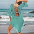 thumbnail image 5 of JIAYUE Women's Swimsuit Cover-Ups Solid Color O-Neck Crochet 3/4 Sleeve Sexy Hollow Above Knee Backless Beach Bathing Suit Cover Up Dresses, 5 of 5