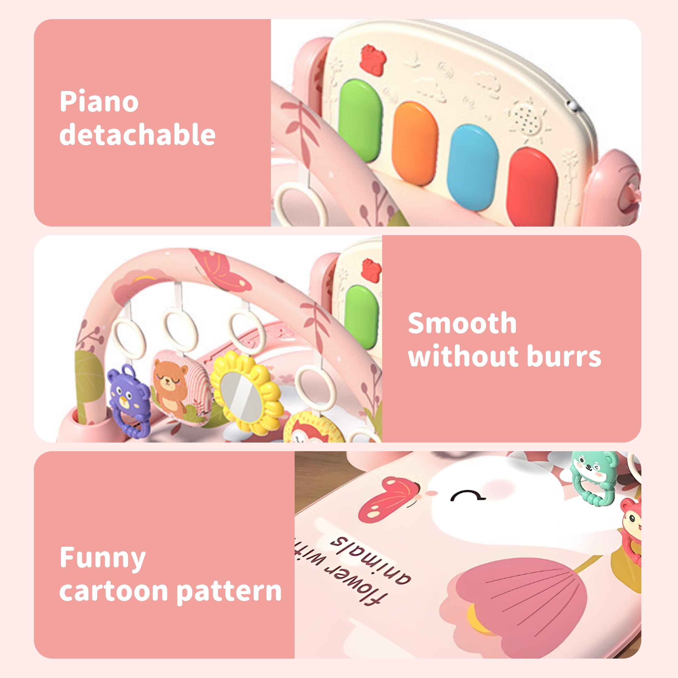 KOPPOP Baby Play Mat with Piano Toys, Tummy Time Activity Gym for Infants 0-12 Months, Bunny Playmat Newborn Gift Boy Girl
