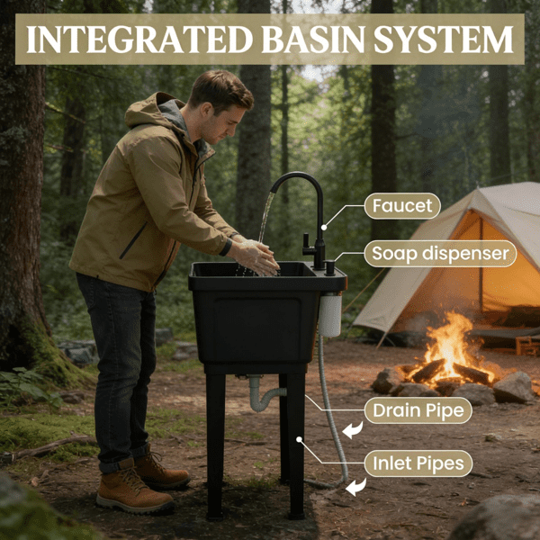 Portable Camping Sink with Faucet & Soap Dispenser External Water Supply Flexible Drain Hose Detachable Legs Outdoor Washing Station for Camping Patio Garage
