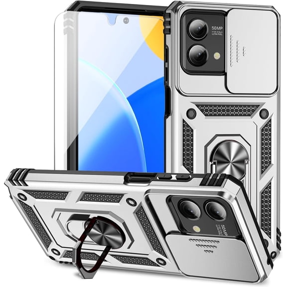 Moto G Stylus 5G 2023 Case, Silver w/ Slide Camera Military-Grade, Shock Absorption, Kickstand, Magnetic Ring Holder, Protective Phone Case