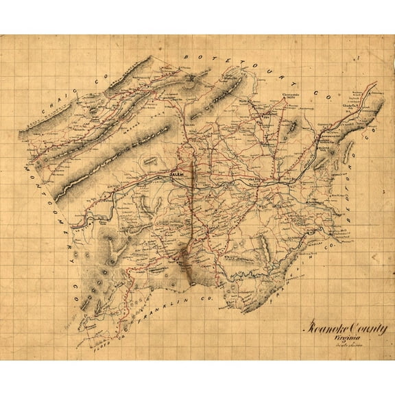 Historic County Map - Roanoke County Virginia 1860 - 27.87 x 23 - Vintage Wall Art