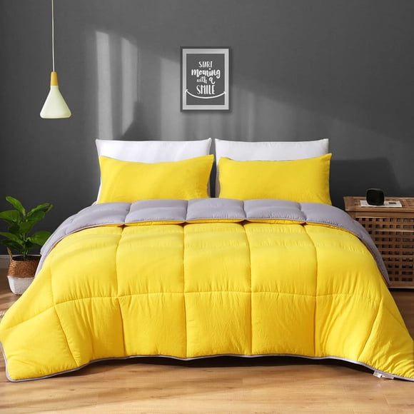APSMILE Reversible Full/Queen Bed Comforter Set - 3 Pieces All-Season Down Alternative Comforter with Shams, Ultra-Soft Cloud Fluffy Microfiber Quilt Duvet, Illuminating Yellow/Ultimate Gray